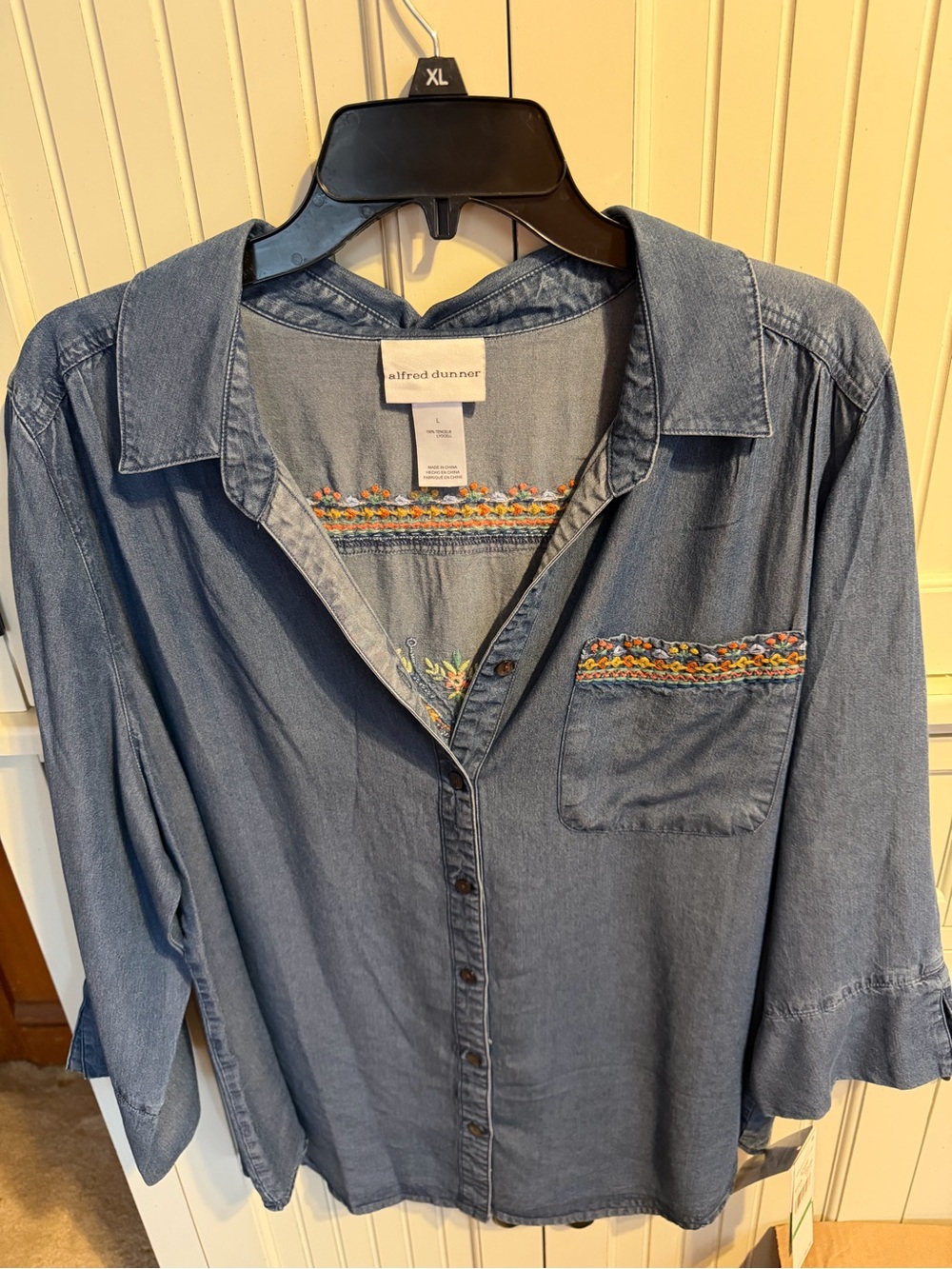 Alfred Dunner Blue Chambray Button-Up Shirt with Embroidered Trim
